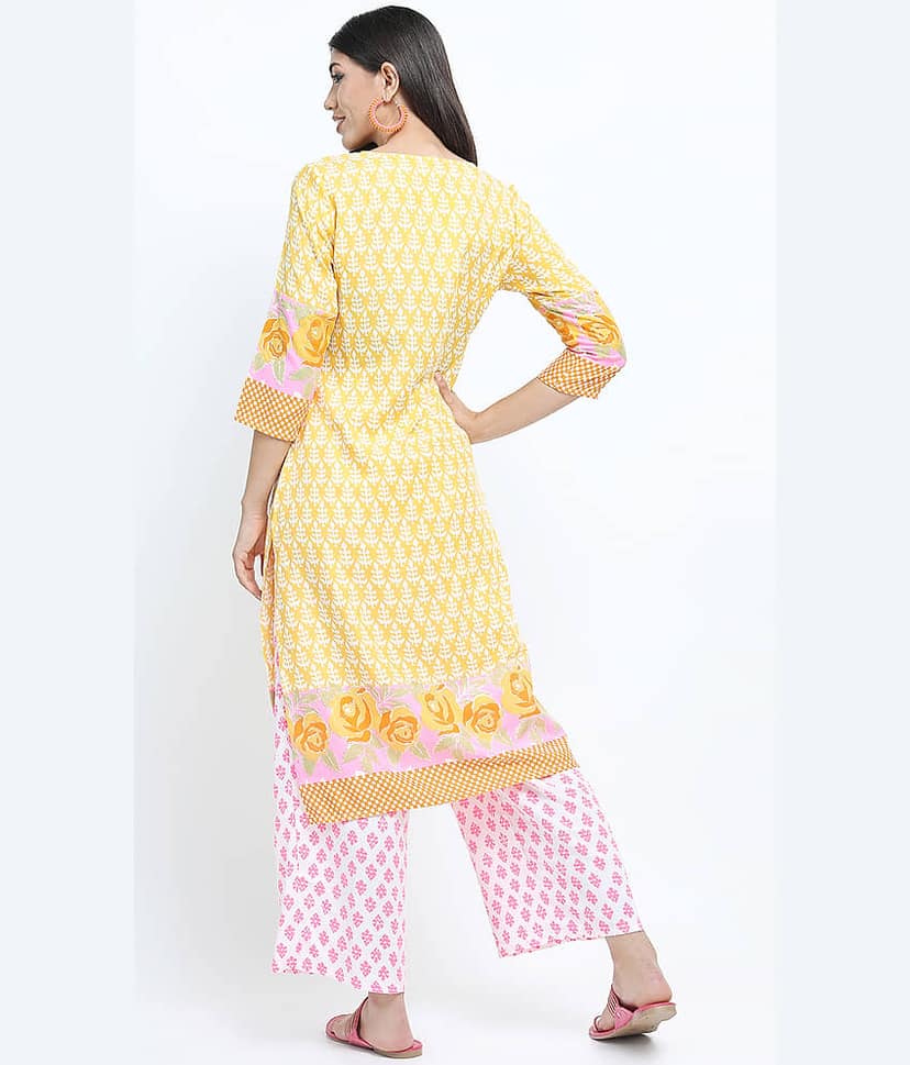 Vishudh Women Viscose Printed Straight Kurti With Palazzo ( Yellow ) view 3