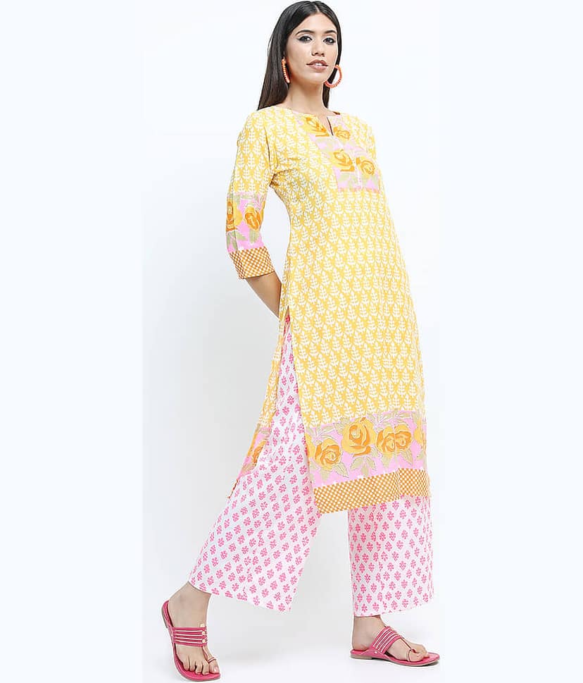 Vishudh Women Viscose Printed Straight Kurti With Palazzo ( Yellow ) view 5