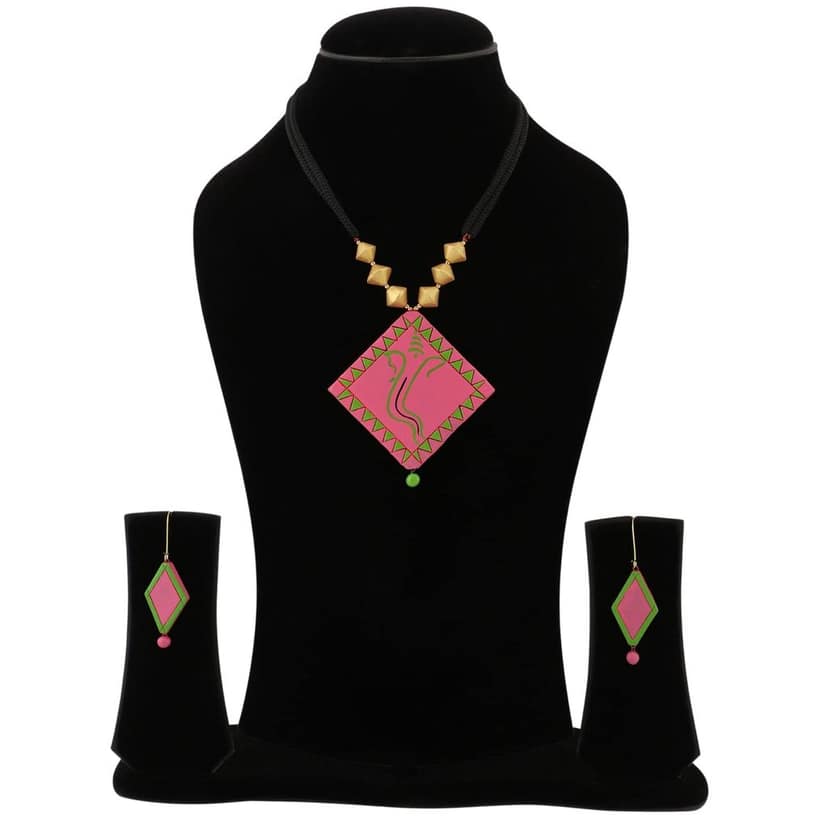 Le bijouxistic EKAM EK GANESHA DESIGNE TERRACOTTA NECKLACE AND EARRING SET FOR WOMEN AND GIRLS FOR CASUAL AND FROMAL WEAR IN PINK COLOR view 3