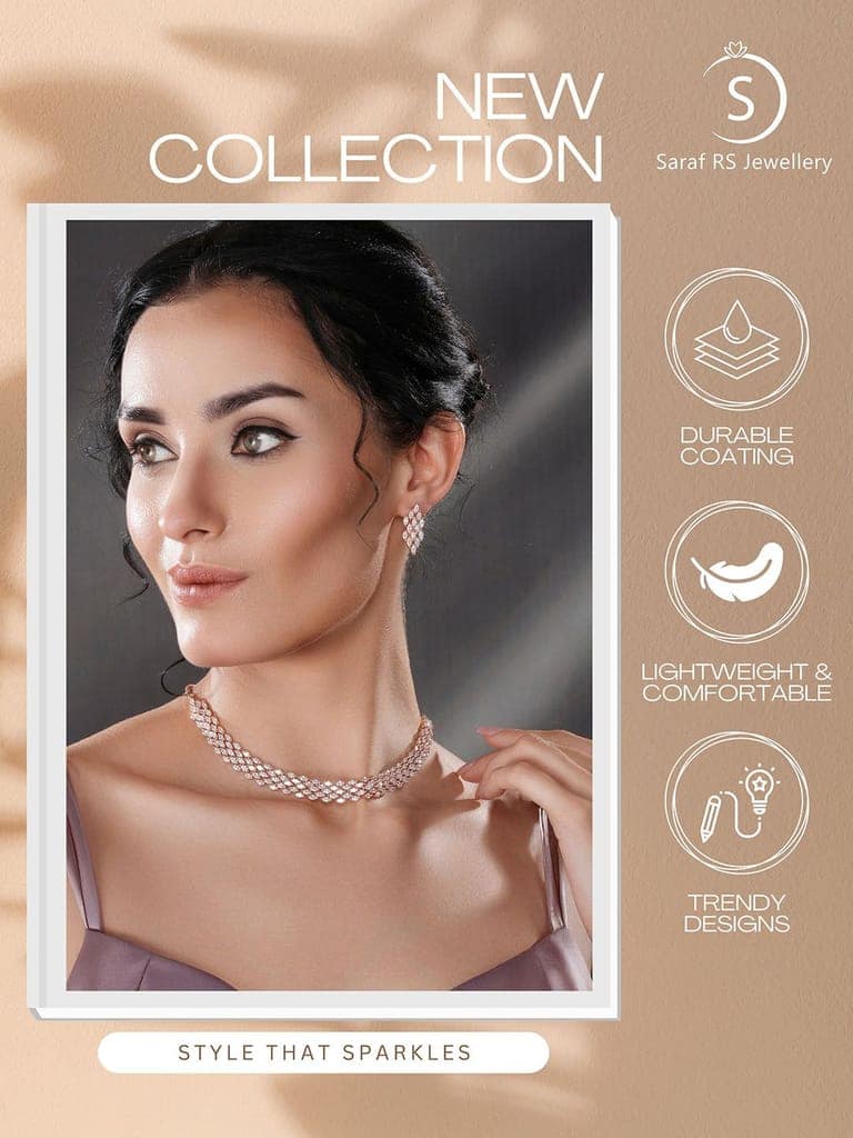 Rose Gold Toned Cubic Zircon Studded Statement Necklace jewellery Set view 10