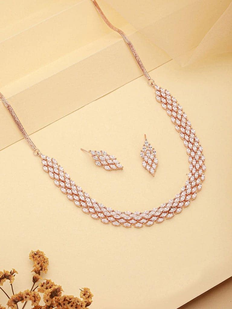 Rose Gold Toned Cubic Zircon Studded Statement Necklace jewellery Set view 2