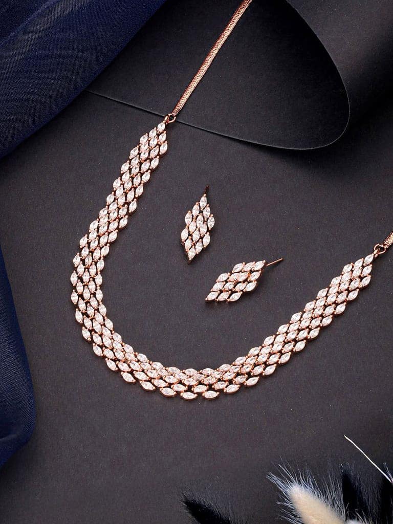 Rose Gold Toned Cubic Zircon Studded Statement Necklace jewellery Set view 3