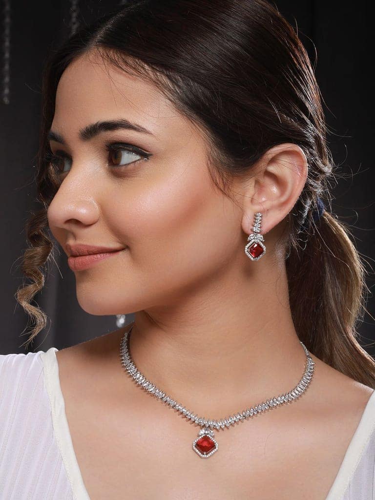 Silver Toned Red CZ Studded Minimal Designer jewellery Set view 2