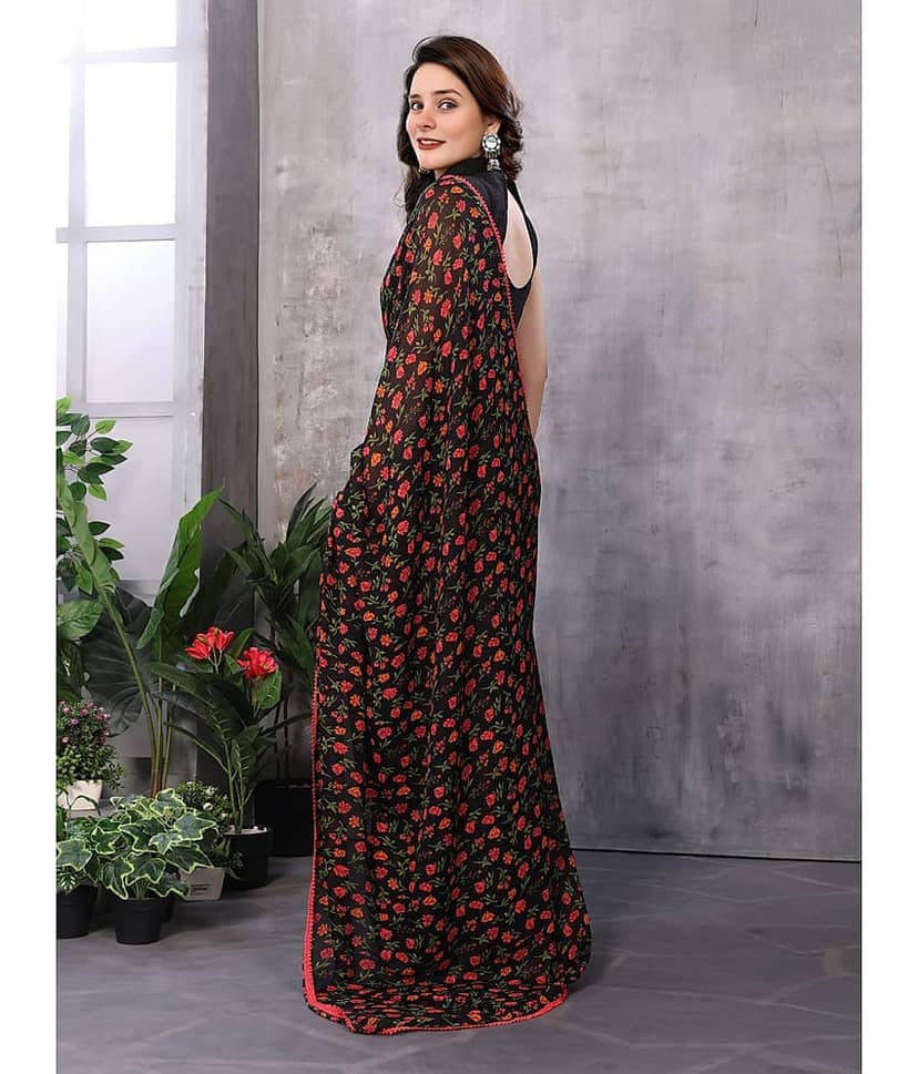 BLEESBURY Georgette Printed Saree With Unstitched Blouse Piece ( Black ) view 2