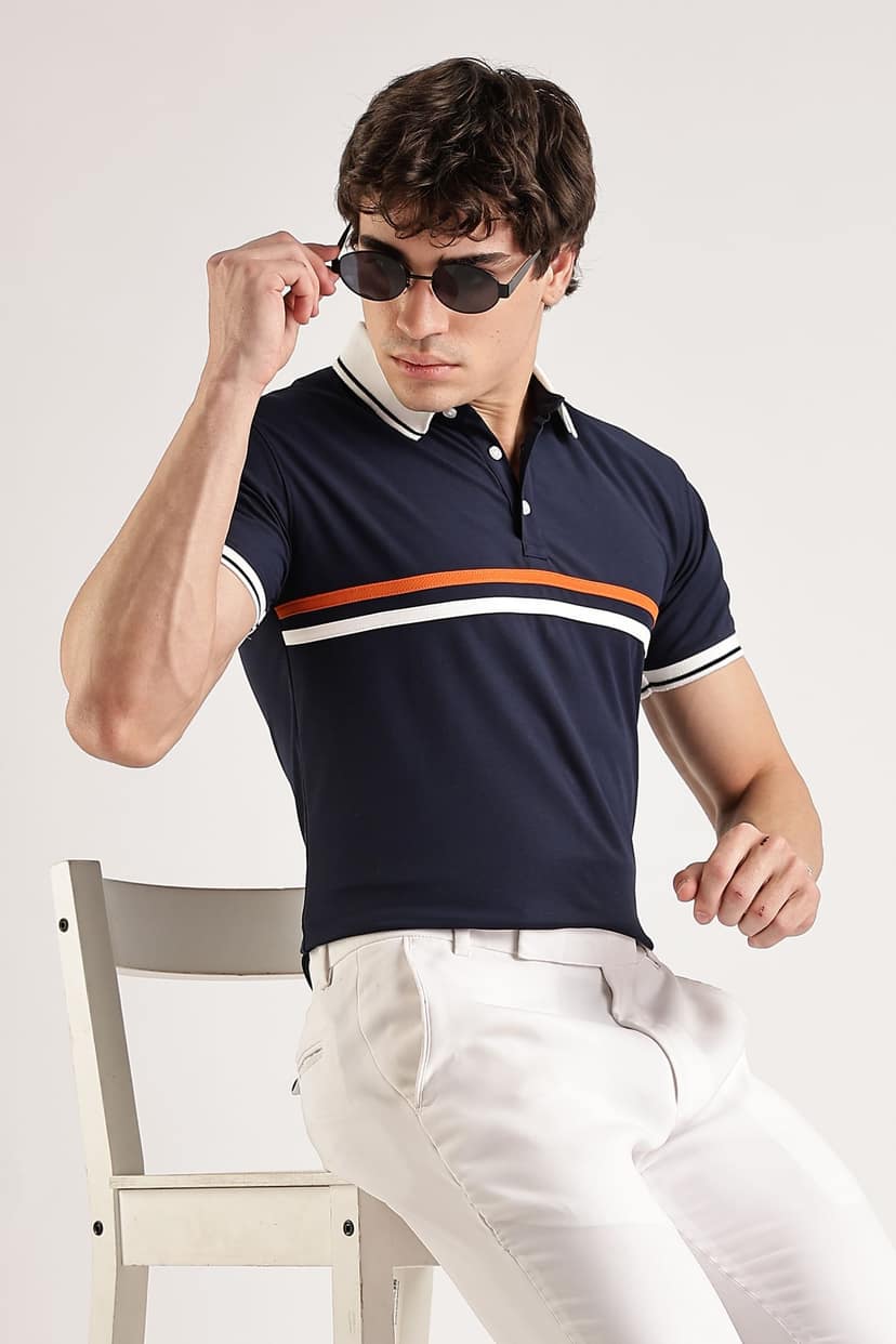 Polyester Navy Striped Polo view 4