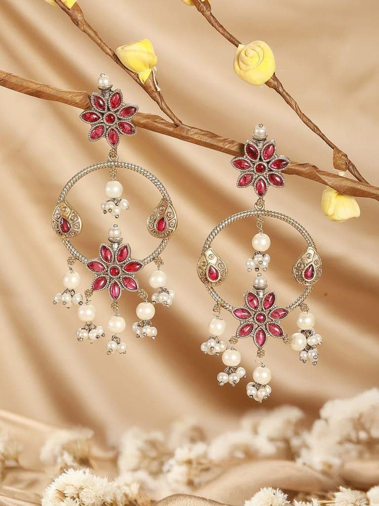 Antique Gold-Toned Pink Stones With Pearl Drop Floral Hoop Contemporary Earrings view 3