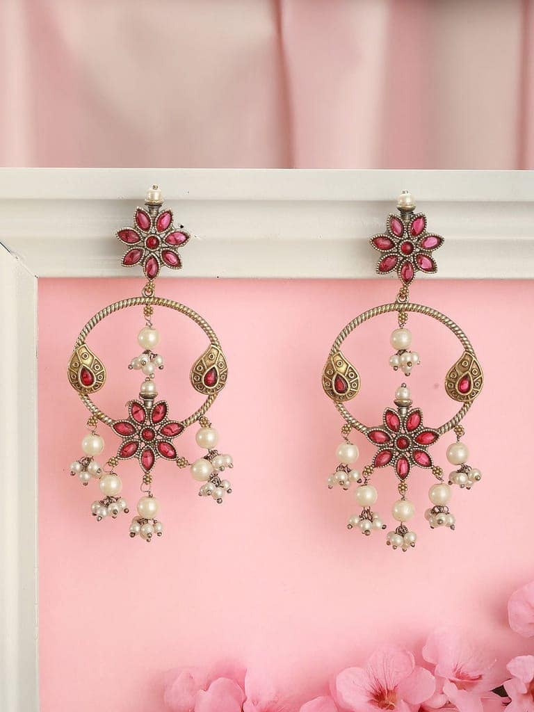 Antique Gold-Toned Pink Stones With Pearl Drop Floral Hoop Contemporary Earrings view 5