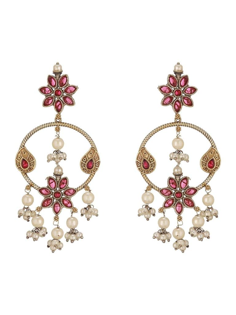 Antique Gold-Toned Pink Stones With Pearl Drop Floral Hoop Contemporary Earrings view 7
