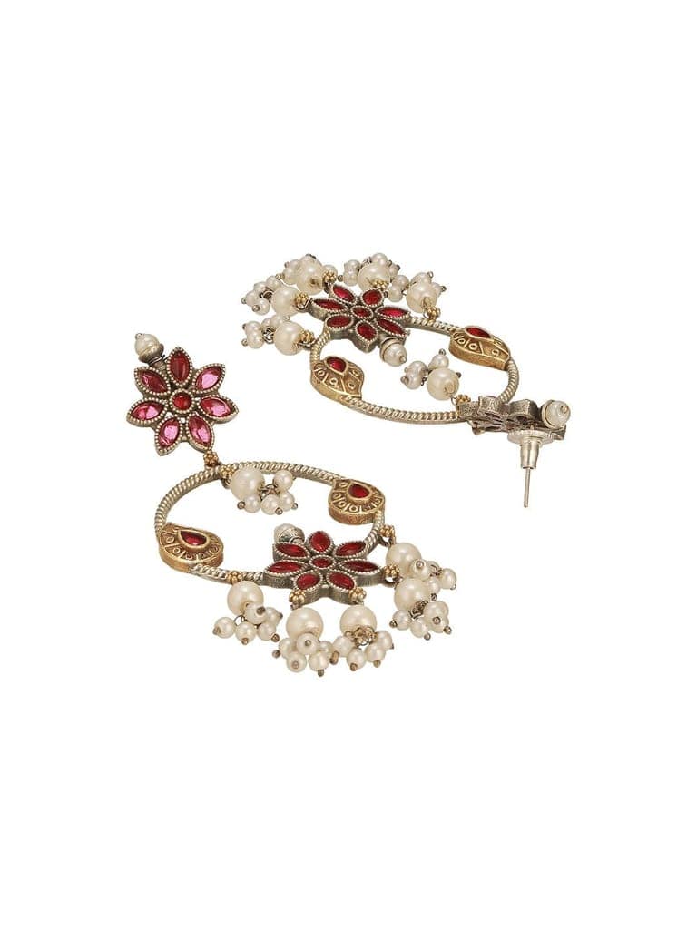 Antique Gold-Toned Pink Stones With Pearl Drop Floral Hoop Contemporary Earrings view 8