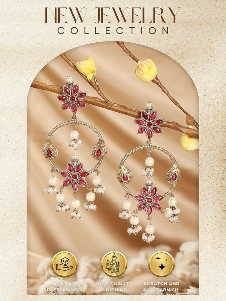 Antique Gold-Toned Pink Stones With Pearl Drop Floral Hoop Contemporary Earrings view 9