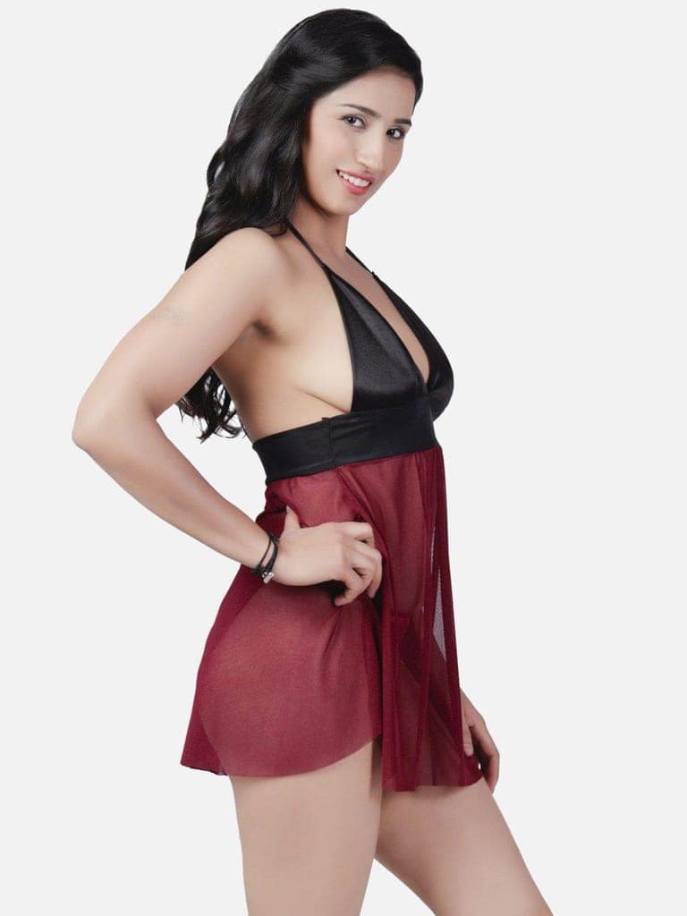 Sheer Net Hot Wine Babydoll Bikini Night Dress for Honeymoon K13KW view 3