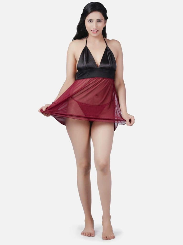 Sheer Net Hot Wine Babydoll Bikini Night Dress for Honeymoon K13KW view 5