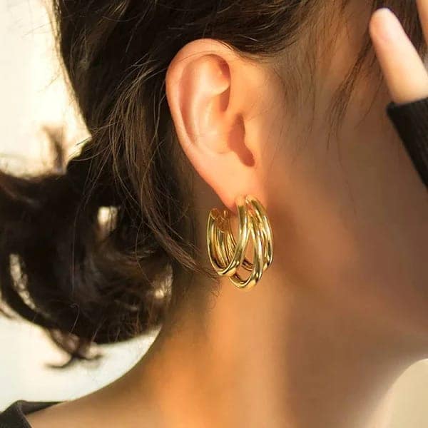 Gold Triple Hoop Earrings for Women, 14K Gold Plated Statement Earrings, Fashion Jewelry for Girls, view 2