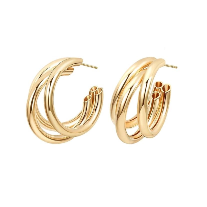 Gold Triple Hoop Earrings for Women, 14K Gold Plated Statement Earrings, Fashion Jewelry for Girls, view 3