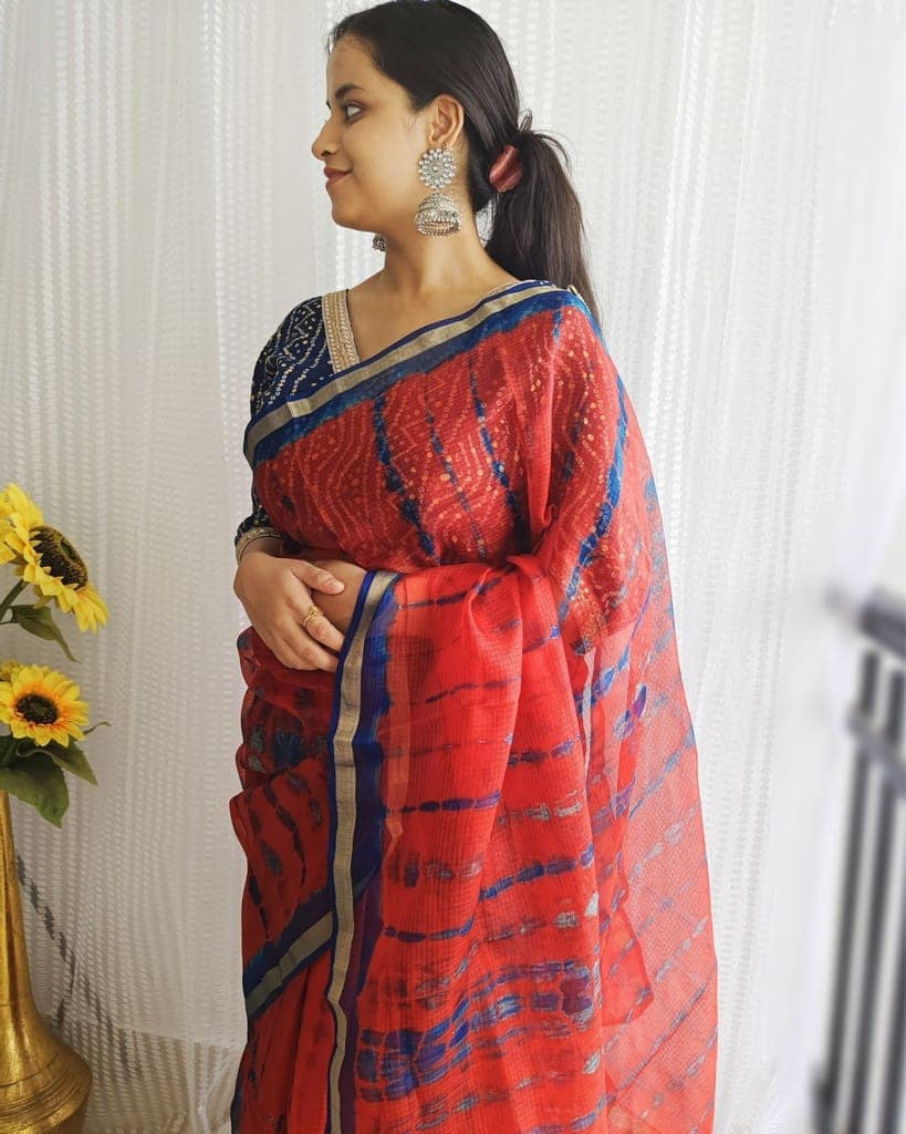 Pure Silk Kota Doria Multi Tye-Dye Sarees Mahogany Red Color with running blouse-8082 view 2