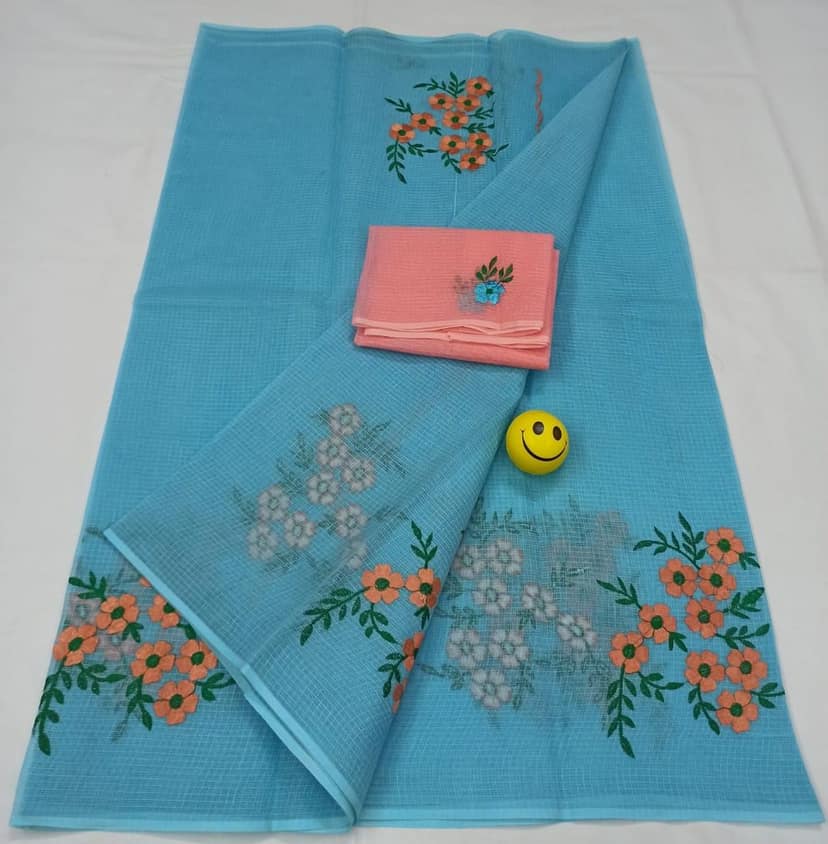Kota Doria Blue Pure Cotton Embroidery Saree With Blouse Handcrafted-8633 view 2