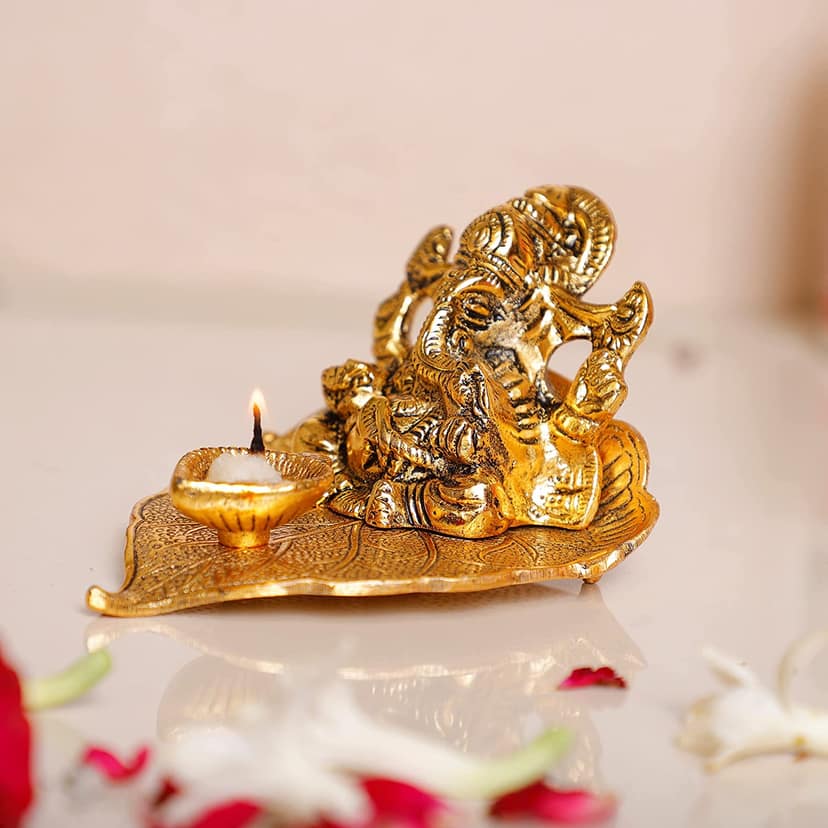 DreamKraft Metal Lord Ganesha On Leaf with Diya Idol view 2
