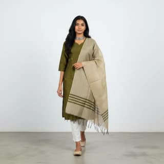 Mangalagiri Raw Silk Kurti with Zari-Checked Dupatta, Purple and Beige