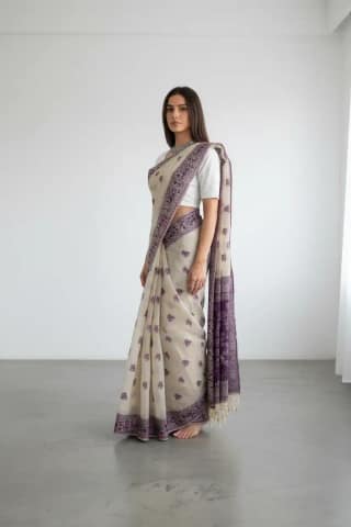 Saura Art Cotton Saree Cream Mauve Elephant Buti Pallu