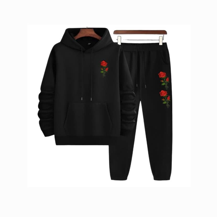 HAZAWA Polyester Black Tracksuit for Men | Full Sleeve Hooded Neck | Rose Embroidered Sweatshirts & Trackpants Suit | Solid Casual Co-set view 3