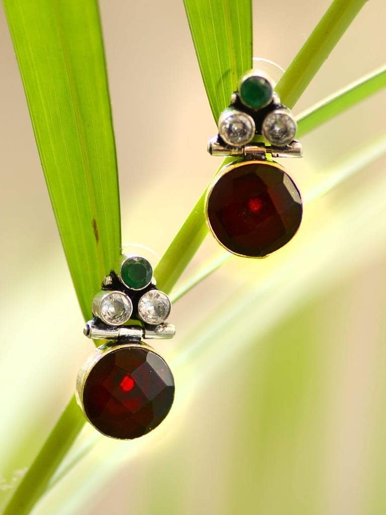 Silver Oxidised Ruby Red Drop Minimal Earring view 5