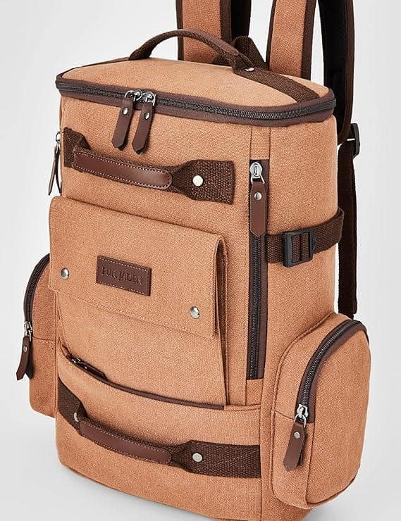 FUR JADEN Eco Friendly Travel Laptop Backpack Made of Water Resistant Sustainable Canvas and Vegan Leather for Men and Women (Brown) view 3