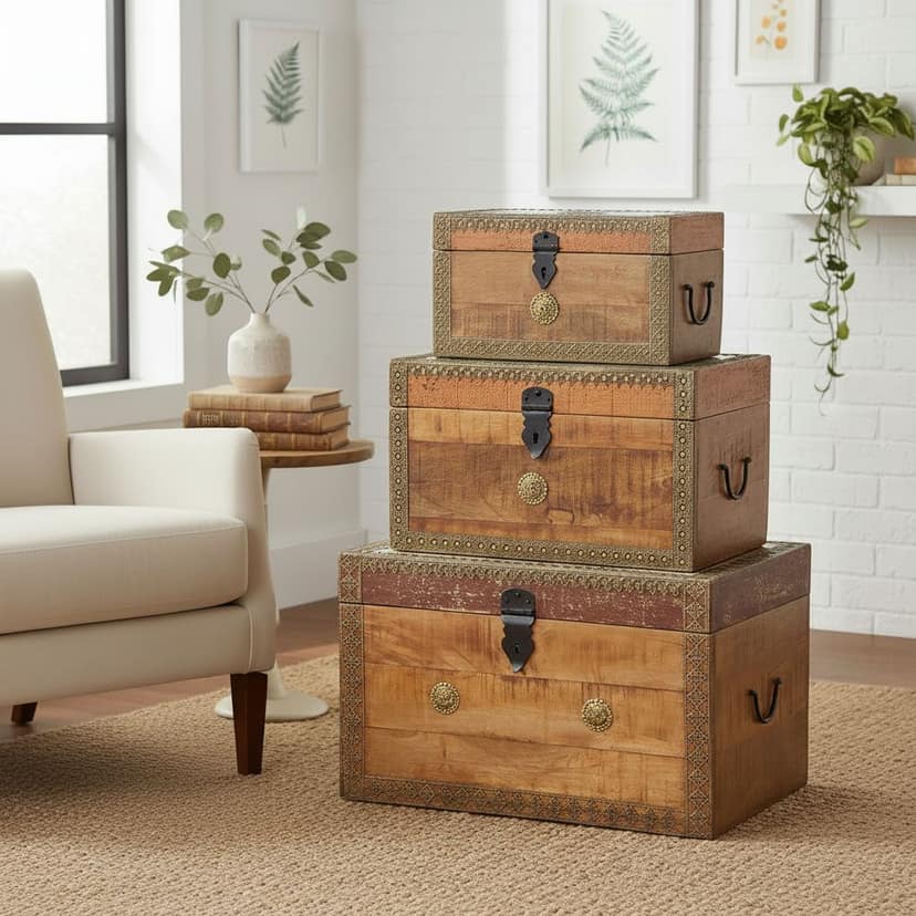 Wooden Trunk Box Storage Set of 3-Central Coffee Table view 2