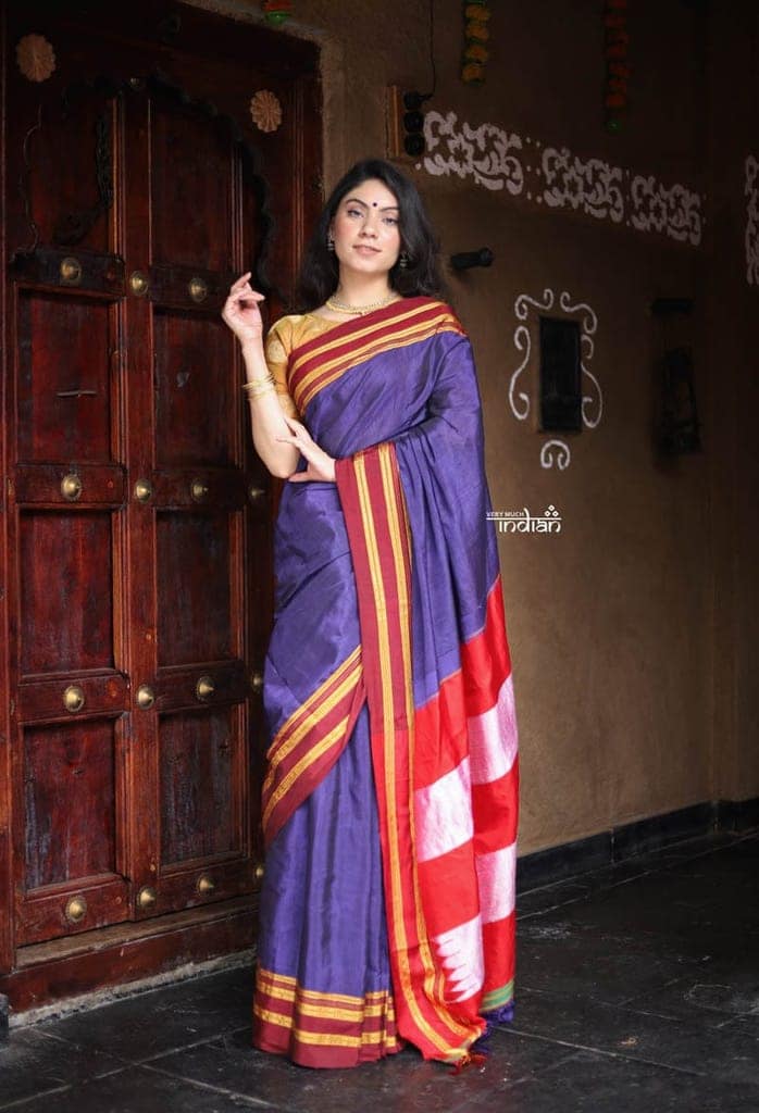 Handloom Cotton Silk Ilkal Saree with Pure Resham Pallu - Purple with Red Border view 3