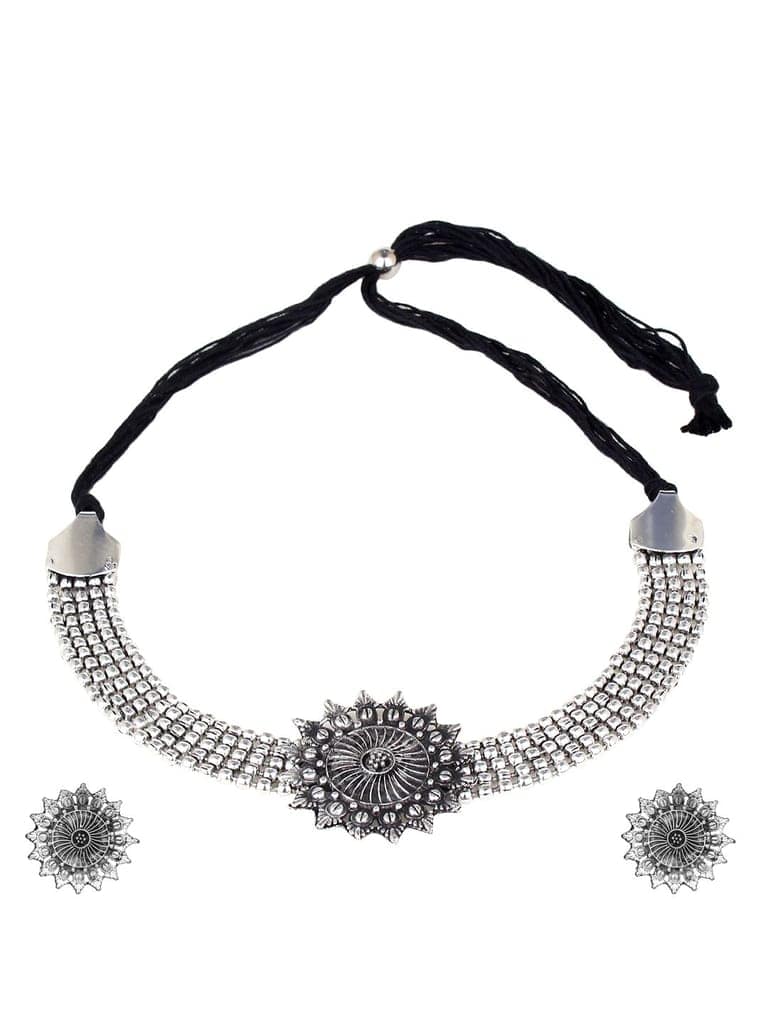 Cardinal Oxidized Silver Color Choker Necklace Set view 2