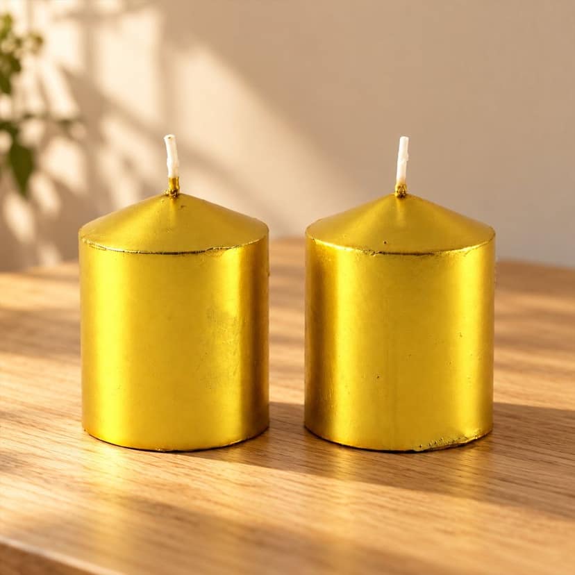 Golden Decorative Wax Pillar Candles for Festive Home Table Decor (2 Pc Set) view 2