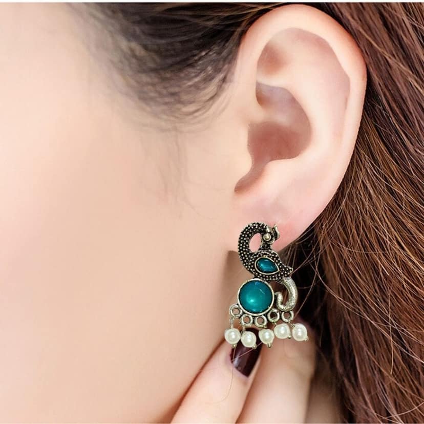Jewelryklub Earrings For Women Oxidised Silver Peacock Shape Jhumki Earrings For Girls And Women (Blue) view 2