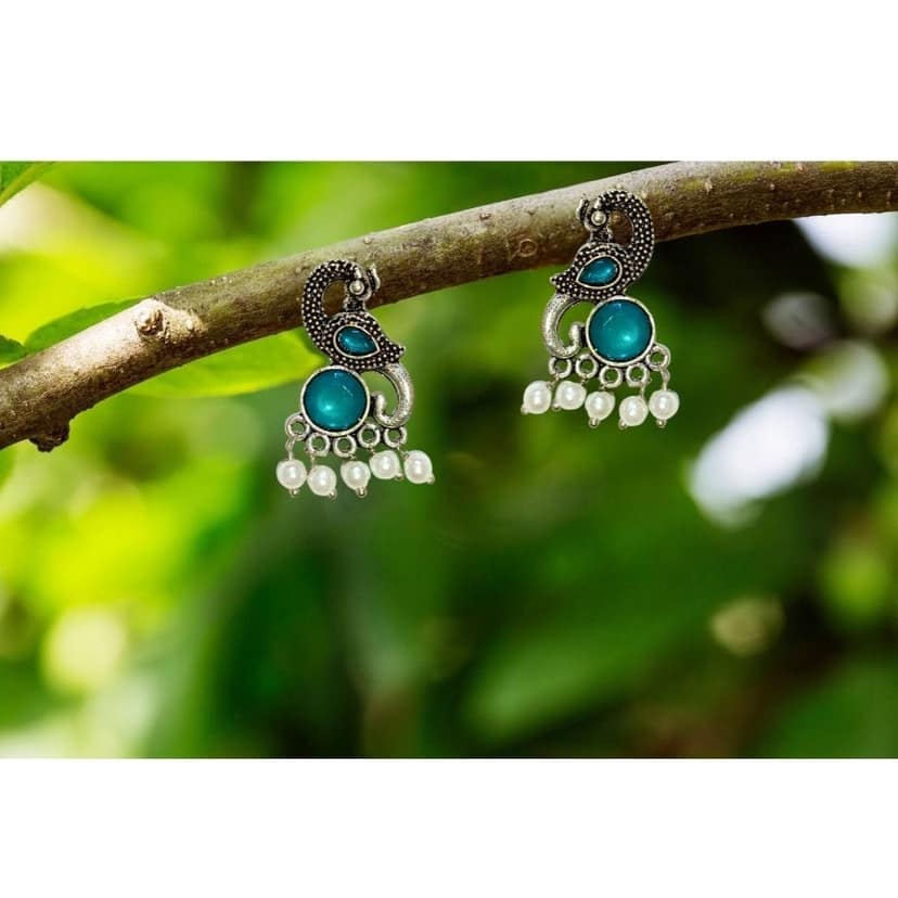 Jewelryklub Earrings For Women Oxidised Silver Peacock Shape Jhumki Earrings For Girls And Women (Blue) view 5