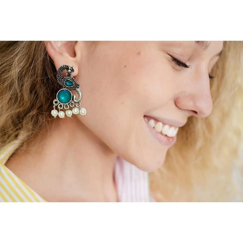 Jewelryklub Earrings For Women Oxidised Silver Peacock Shape Jhumki Earrings For Girls And Women (Blue) view 6