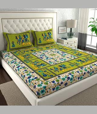 ABHACLOTHO Cotton 1 Double Bedsheet with 2 Pillow Covers ( Green )