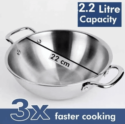 WEKTU Triply Stainless Steel Kadhai with Lid – 22 cm Diameter, 2.2 L Capacity, Induction Compatible view 2