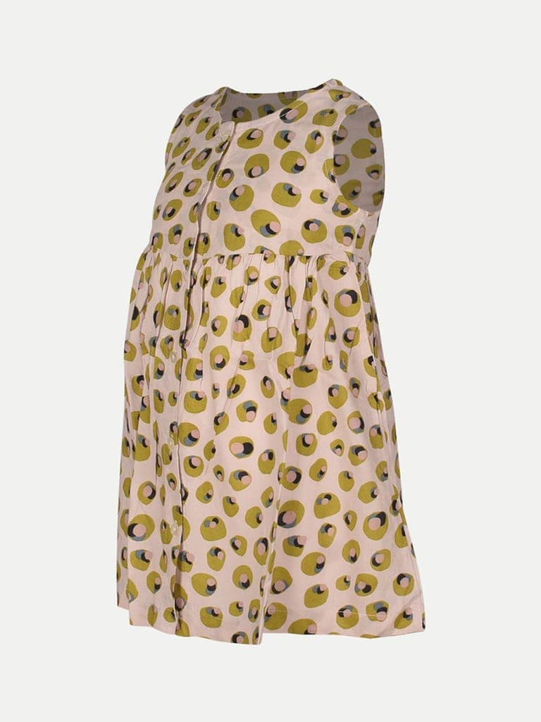 Girls Beige All-over Printed Cotton Dress view 2