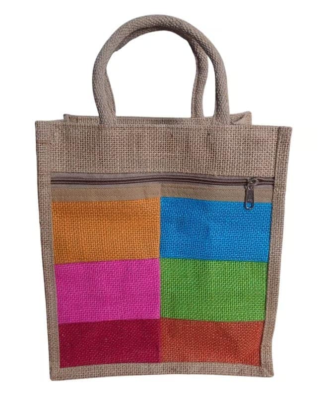 Colorful Patchwork Jute Tote Bag with Zipper