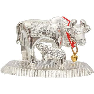 Kamdhenu Cow and Calf Statue for Good Luck,Vastu,Religious Gau Mata idol Decorative Showpiece - 5 cm (Metal, Silver)