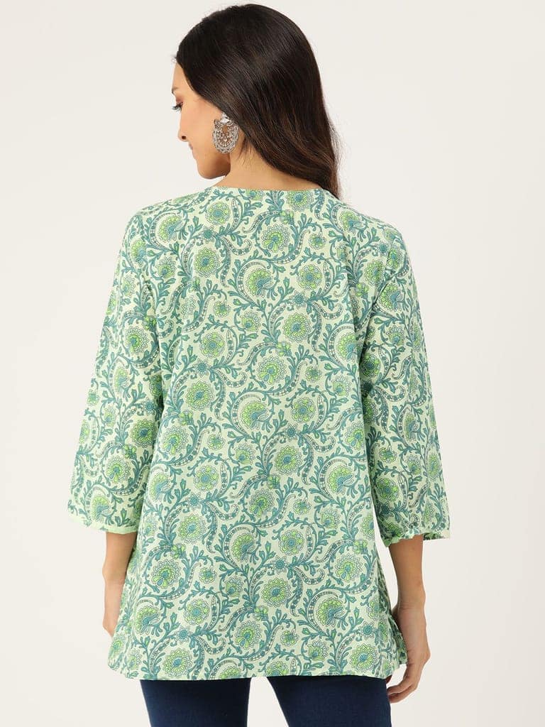 Ethnic Motifs Printed Mirror Work Pure Cotton Mirror Work Pleated Kurti view 3