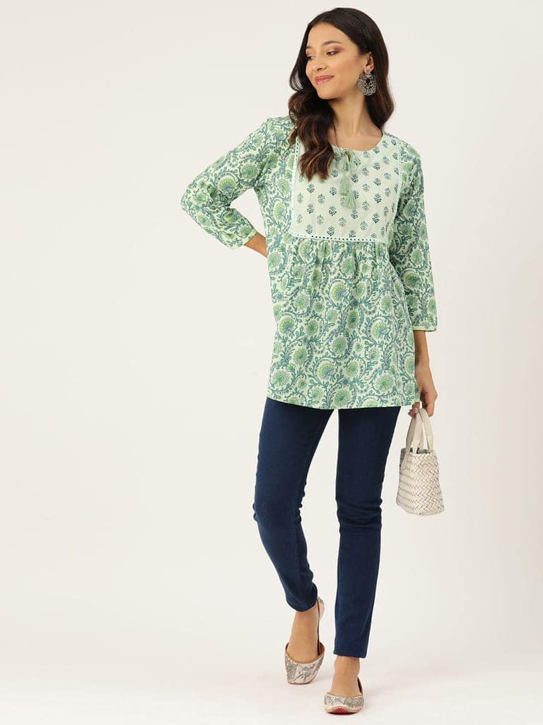 Ethnic Motifs Printed Mirror Work Pure Cotton Mirror Work Pleated Kurti view 4