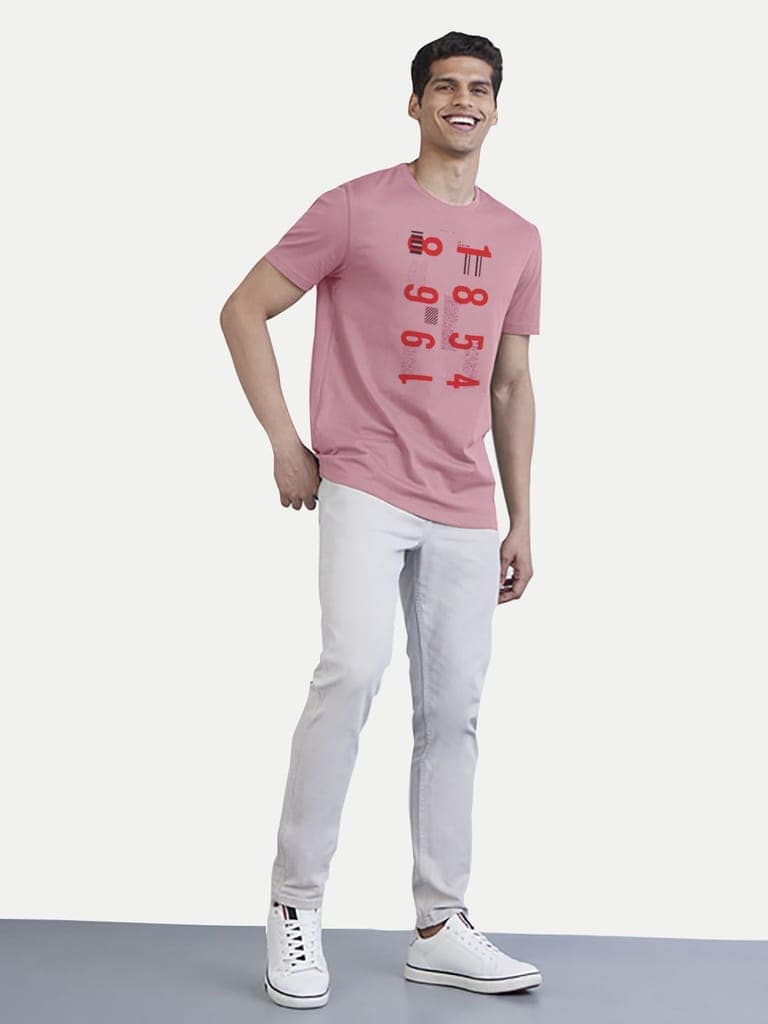 Menss Pink Printed Crew Neck T Shirt view 2