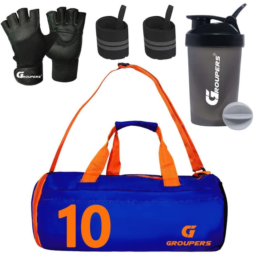 GROUPERS Combo Set of Duffle Polyester Bag with Shaker Bottle-400ml, Wrist Band & Gloves