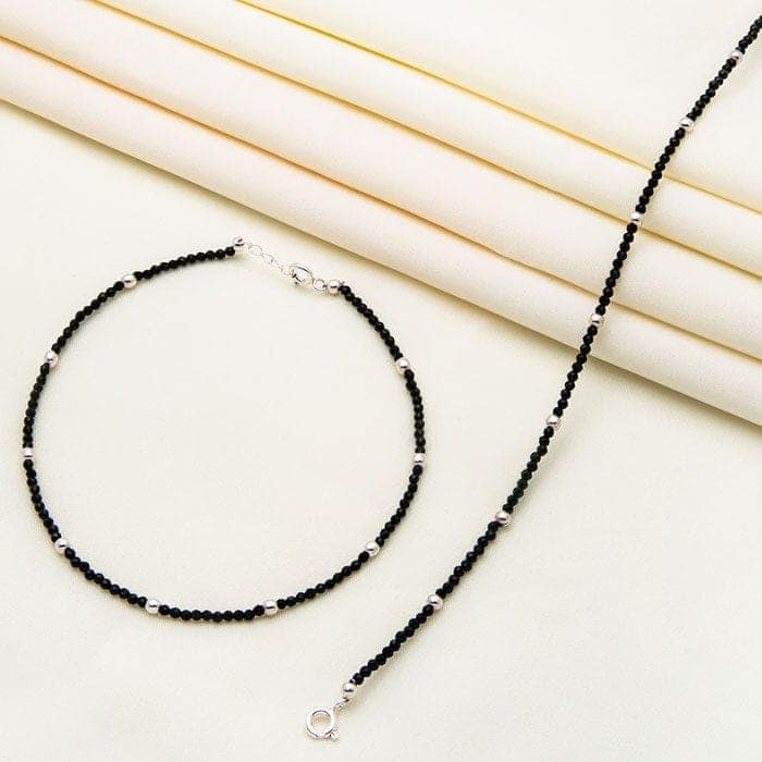 Silver Minimal Black Beads Pair Of Anklets view 3