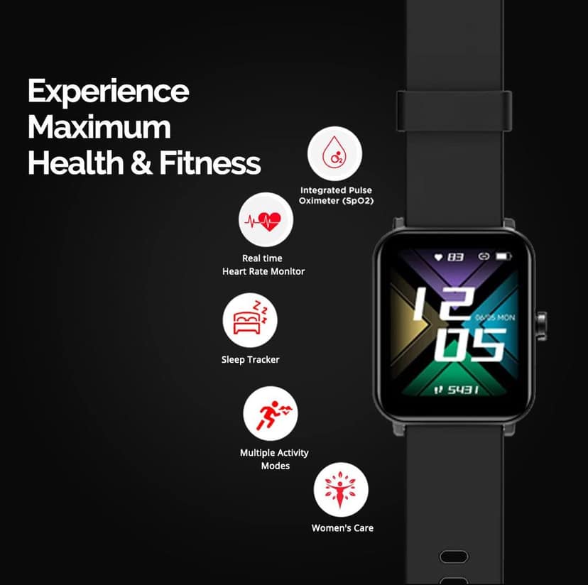 GOQii Smart Vital MAX SpO2 1.69'' HD Full Touch, Smart Notification, Waterproof, IP68, Smartwatch for Smart Phones, Blood Oxygen, Sports & Sleep Tracking with 3 Months Personal Coaching- Black view 3
