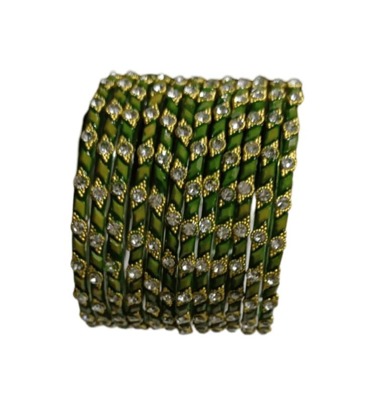 Green and Gold Glass Bangle Set with Rhinestones