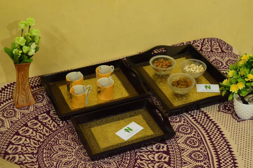 Nikhil Art Wooden Serving Tray Set of 3 Rajasthani Embossed Hand Painting for Tea Coffee Snacks Kitchen Dessert Tray view 2
