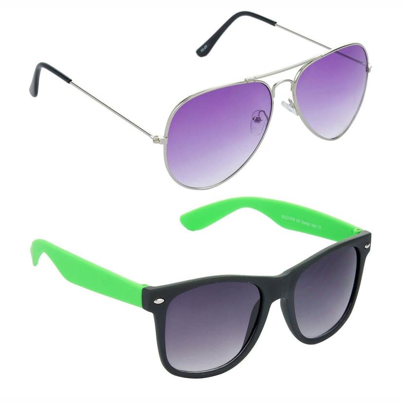 HRINKAR Men Women Boys & Girls Pilot Sunglasses Silver & Green Frame, Violet & Grey Lens (Medium) Pack of - 2