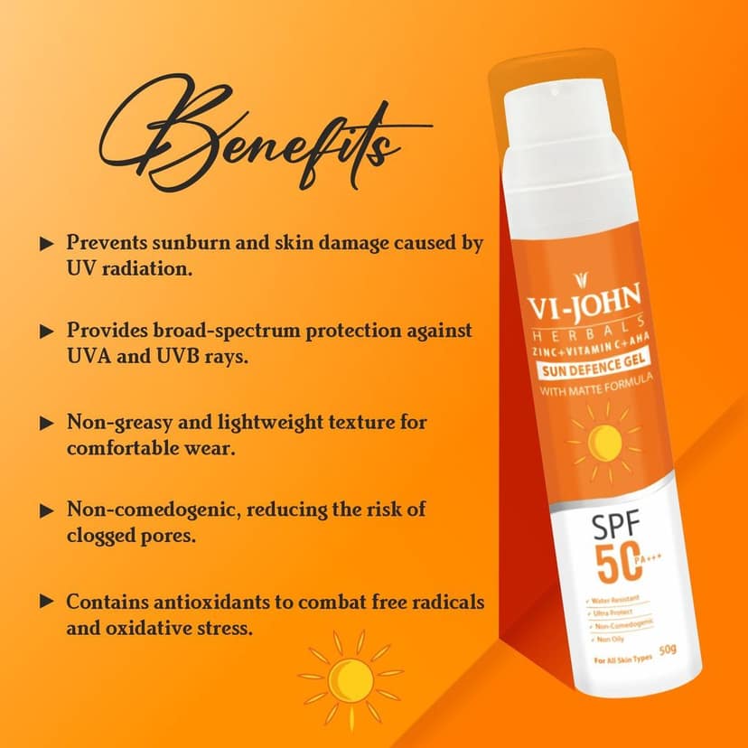 VI-JOHN Vitamin C, AHA & Zinc Lightweight Matte Gel Sunscreen SPF 50 PA+++ | For UVA UVB, Broad Spectrum & Blue Light Protection | Non-Greasy, Quick-Absorbing | No White Cast | For Women & Men | 50G view 3