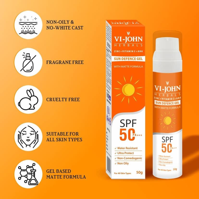 VI-JOHN Vitamin C, AHA & Zinc Lightweight Matte Gel Sunscreen SPF 50 PA+++ | For UVA UVB, Broad Spectrum & Blue Light Protection | Non-Greasy, Quick-Absorbing | No White Cast | For Women & Men | 50G view 5