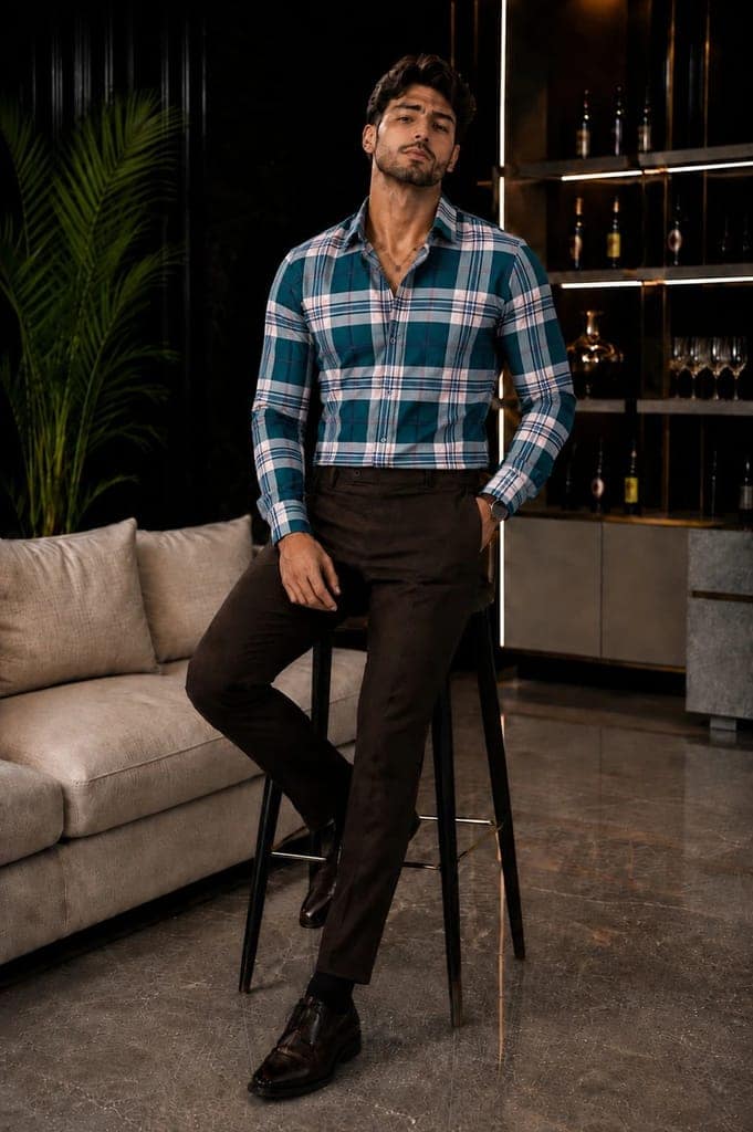Men's Premium Blue & Brown Check Formal Shirt view 3